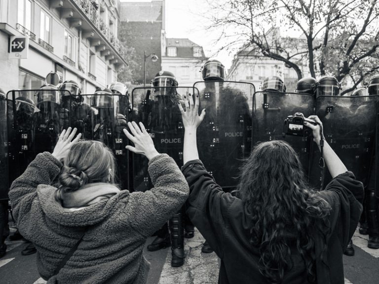 protestors and police